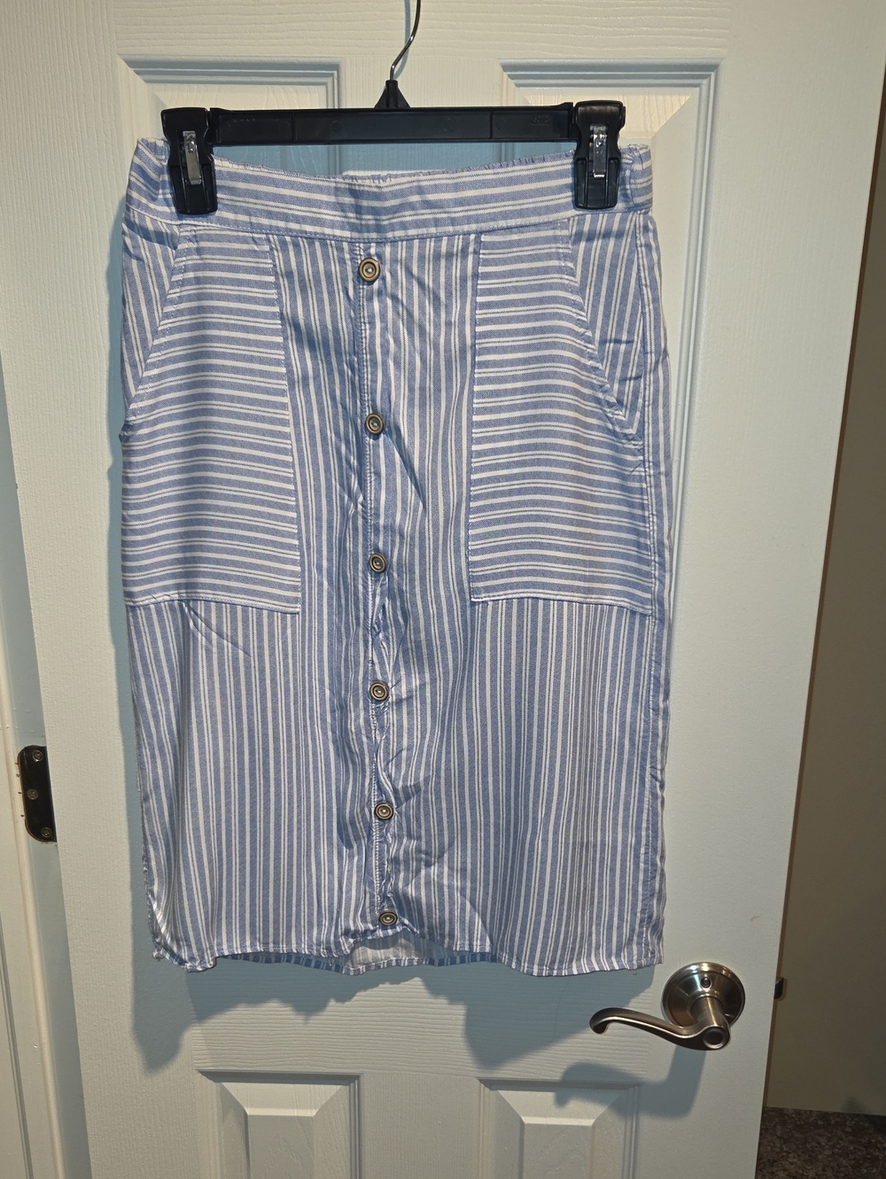 Potter's Pot Blue and White Striped Button-Front Midi Skirt